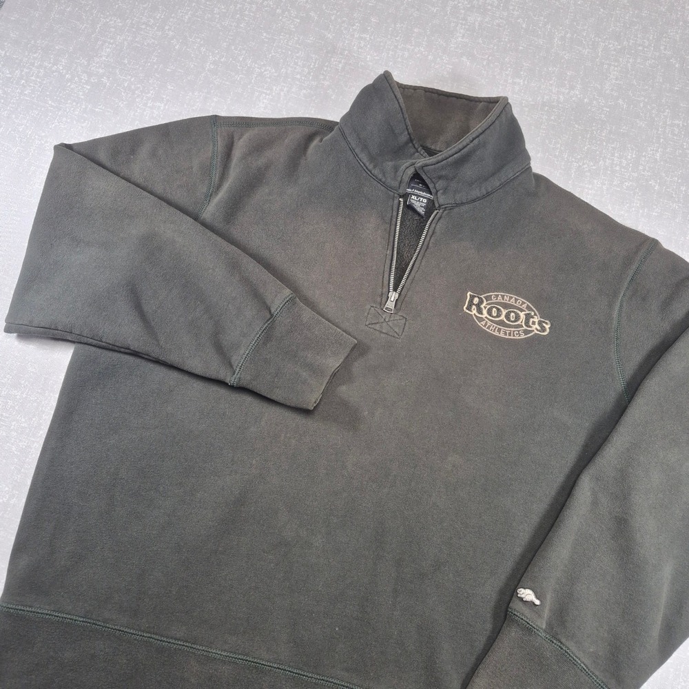 Roots Athletics Men XL 1/4 Zip Sweatshirt Charcoal Grayish Green Fleece Pullover